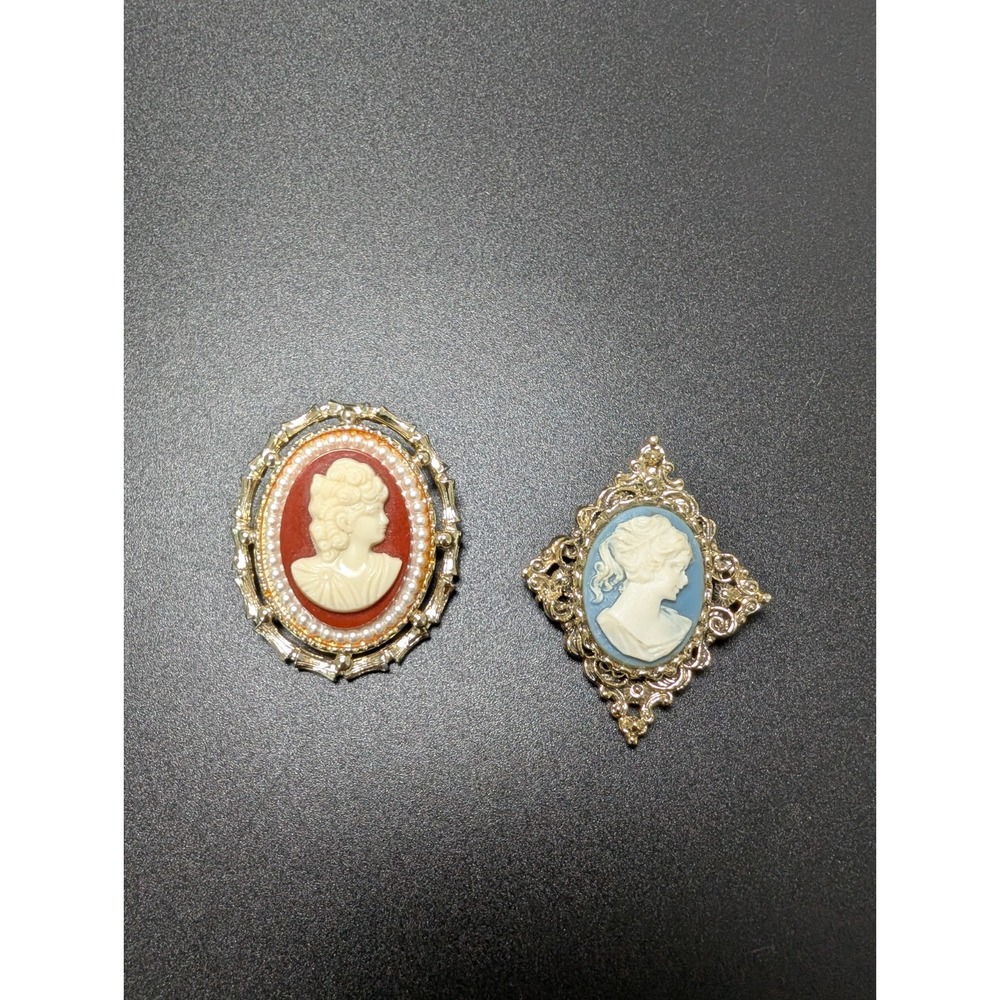 Vintage Cameo Brooch Pin Lot 2 Faux Pearl Blue Red Gold Tone Convertible Pendant